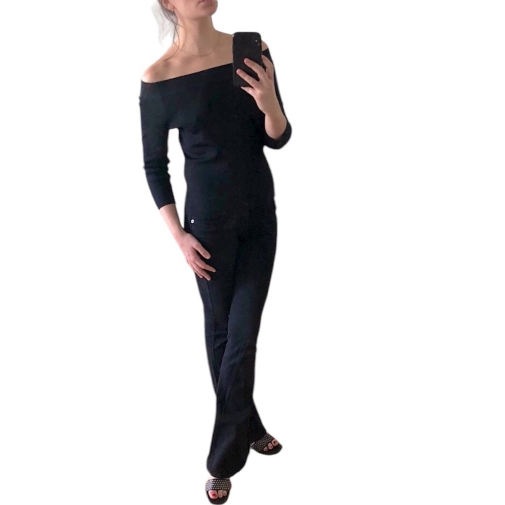 Vintage 90s Stretchy Black Off The Shoulder 3/4 Three Quarter Crop Sleeve Top - Picture 5 of 16